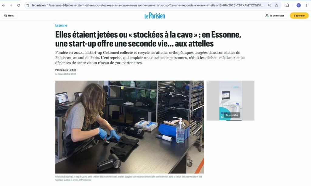 Capture d’écran d’un article du journal Le Parisien présentant Gekomed et son activité de collecte et reconditionnement d’attelles orthopédiques.